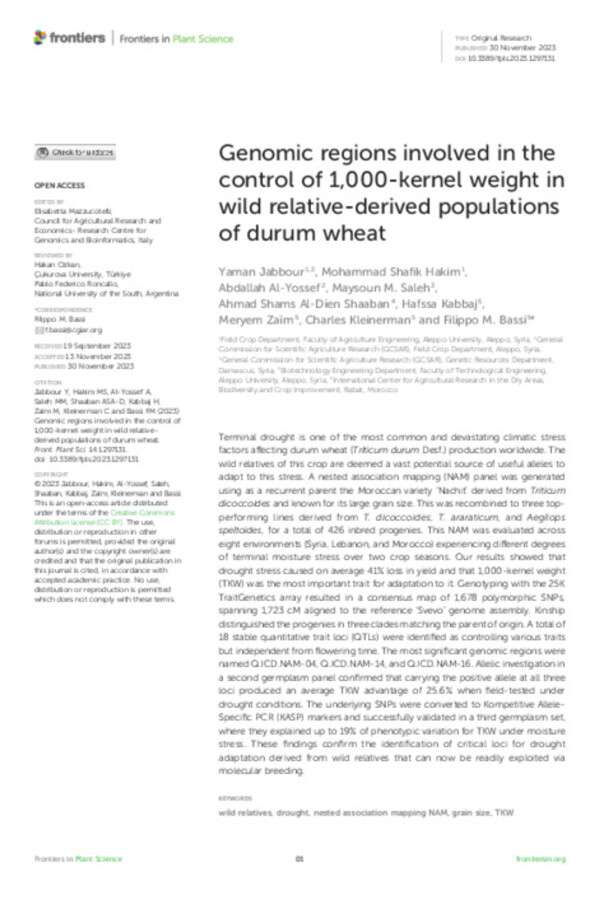 Genomic regions involved in the control of 1,000-kernel weight in wild relative-derived populations of durum wheat Genomic regions involved in the control of 1,000-kernel weight in wild relative-derived populations of durum wheat
