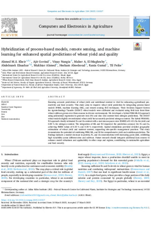 Hybridization of process-based models, remote sensing, and machine learning for enhanced spatial predictions of wheat yield and quality
