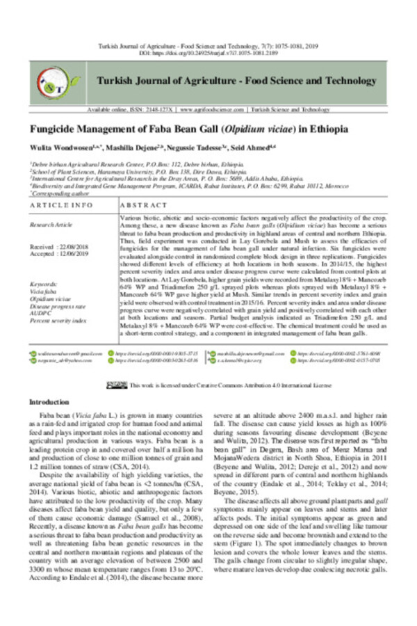 Fungicide Management of Faba Bean Gall (Olpidium viciae) in Ethiopia Fungicide Management of Faba Bean Gall (Olpidium viciae) in Ethiopia