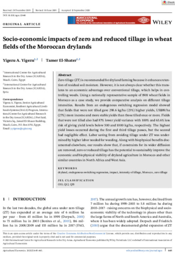 Socio-economic impacts of zero and reduced tillage in wheat fields of the Moroccan drylands