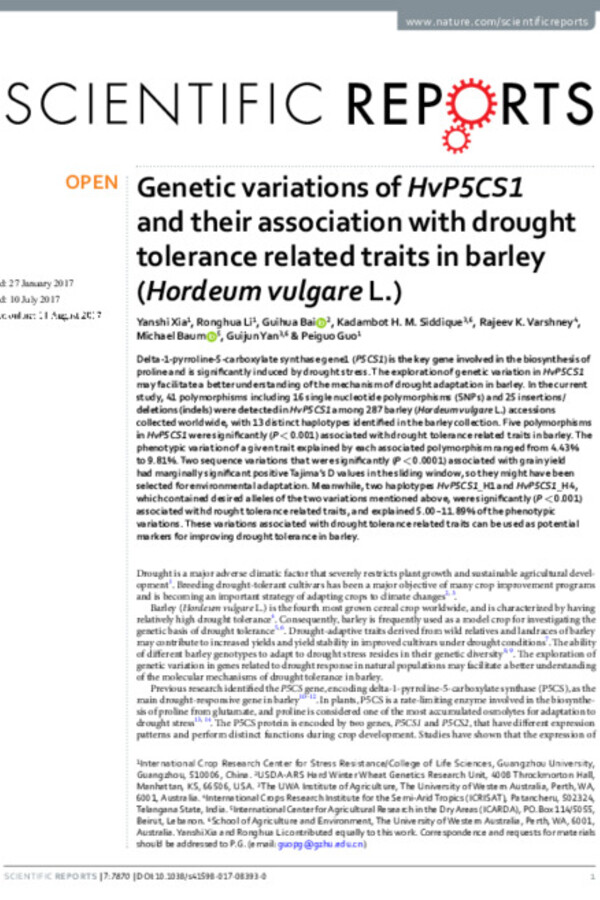Genetic variations of HvP5CS1 and their association with drought tolerance related traits in barley (Hordeum vulgare L.) Genetic variations of HvP5CS1 and their association with drought tolerance related traits in barley (Hordeum vulgare L.)