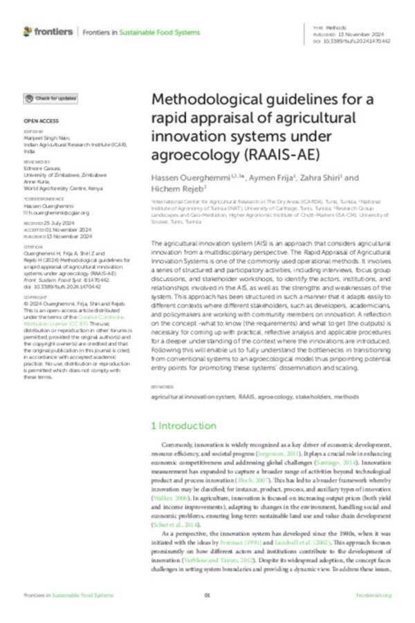 Methodological guidelines for a rapid appraisal of agricultural innovation systems under agroecology (RAAIS-AE) Methodological guidelines for a rapid appraisal of agricultural innovation systems under agroecology (RAAIS-AE)