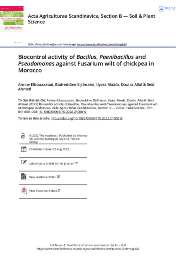 Biocontrol activity of Bacillus, Paenibacillus and Pseudomonas against Fusarium wilt of chickpea in Morocco Biocontrol activity of Bacillus, Paenibacillus and Pseudomonas against Fusarium wilt of chickpea in Morocco