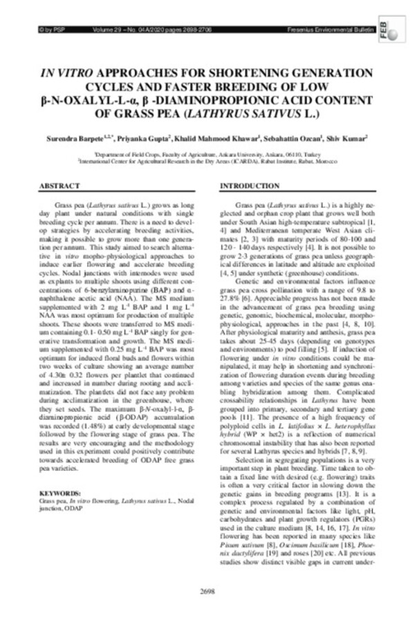 In vitro Approaches for Shortening Generation Cycles and Faster Breeding of low β-n-oxalyl-l-α, β-diamino propionic acid content Grass pea (Lathyrus sativus L.).