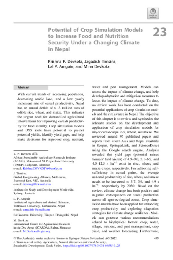 Potential of Crop Simulation Models to Increase Food and Nutrition Security Under a Changing Climate in Nepal