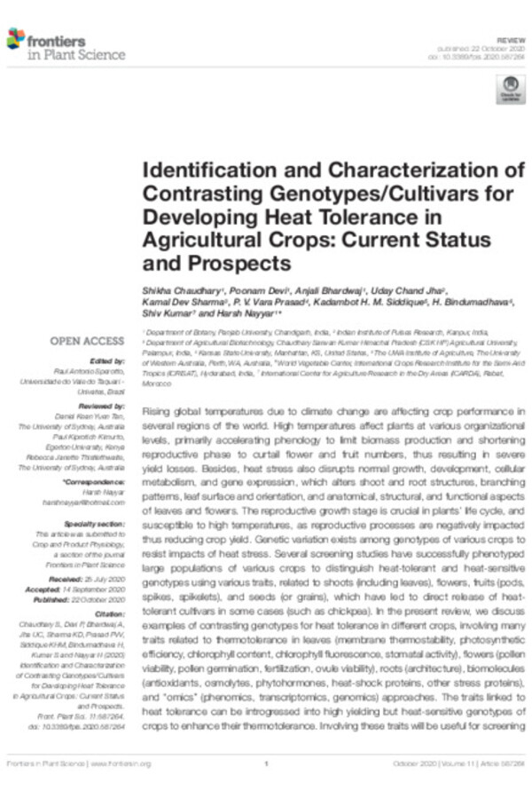 Identification and Characterization of Contrasting Genotypes/Cultivars for Developing Heat Tolerance in Agricultural Crops: Current Status and Prospects