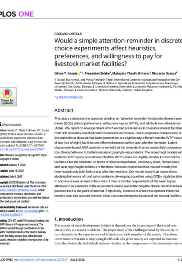 Would a simple attention-reminder in discrete choice experiments affect heuristics, preferences, and willingness to pay for livestock market facilities?