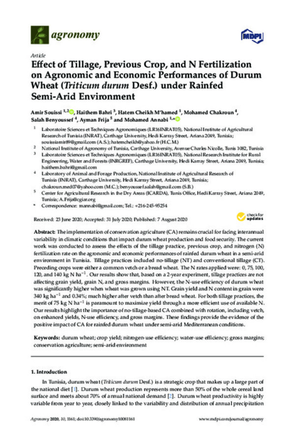 Effect of Tillage, Previous Crop, and N Fertilization on Agronomic and Economic Performances of Durum Wheat (Triticum durum Desf.) under Rainfed Semi-Arid Environment