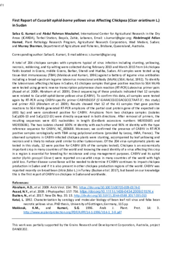 First Report of Cucurbit aphid-borne yellows virus Affecting Chickpea (Cicer arietinum L.) in Sudan First Report of Cucurbit aphid-borne yellows virus Affecting Chickpea (Cicer arietinum L.) in Sudan