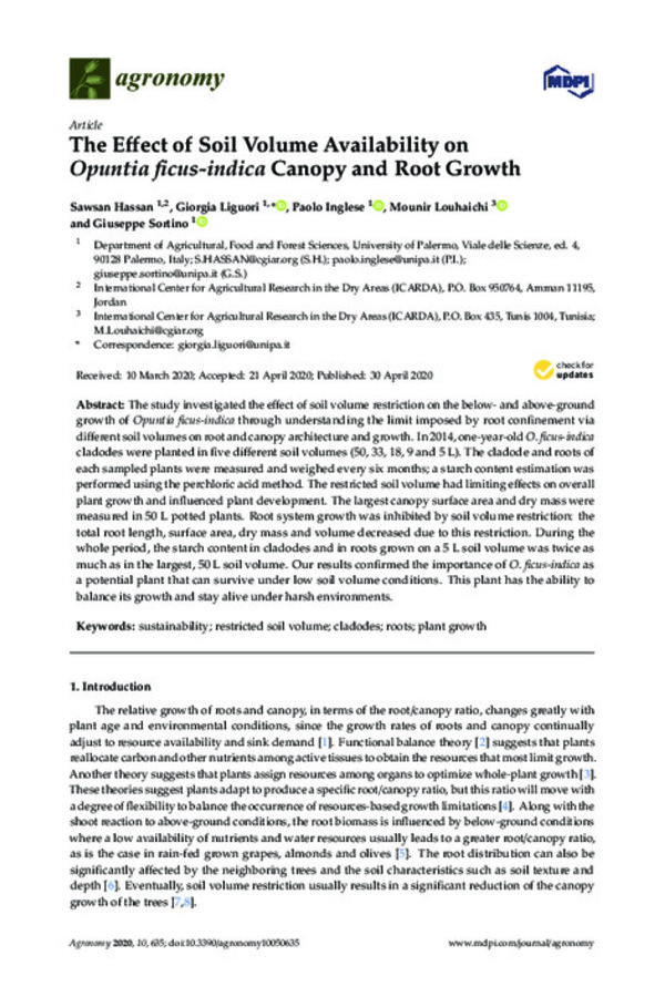 The Effect of Soil Volume Availability on Opuntia ficus-indica Canopy and Root Growth The Effect of Soil Volume Availability on Opuntia ficus-indica Canopy and Root Growth