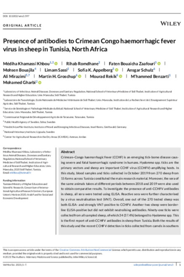 Presence of antibodies to Crimean Congo haemorrhagic fever virus in sheep in Tunisia, North Africa Presence of antibodies to Crimean Congo haemorrhagic fever virus in sheep in Tunisia, North Africa