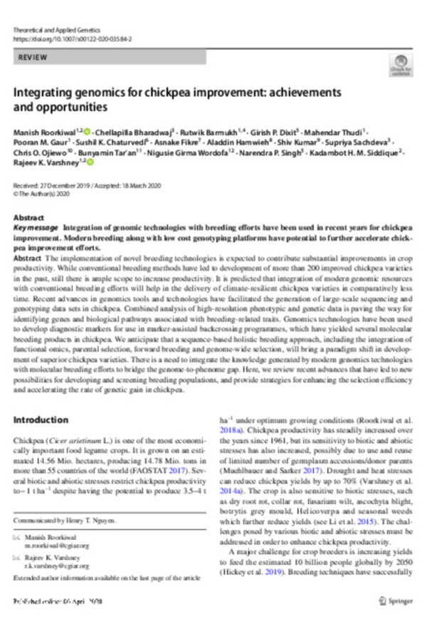 Integrating genomics for chickpea improvement: achievements and opportunities Integrating genomics for chickpea improvement: achievements and opportunities