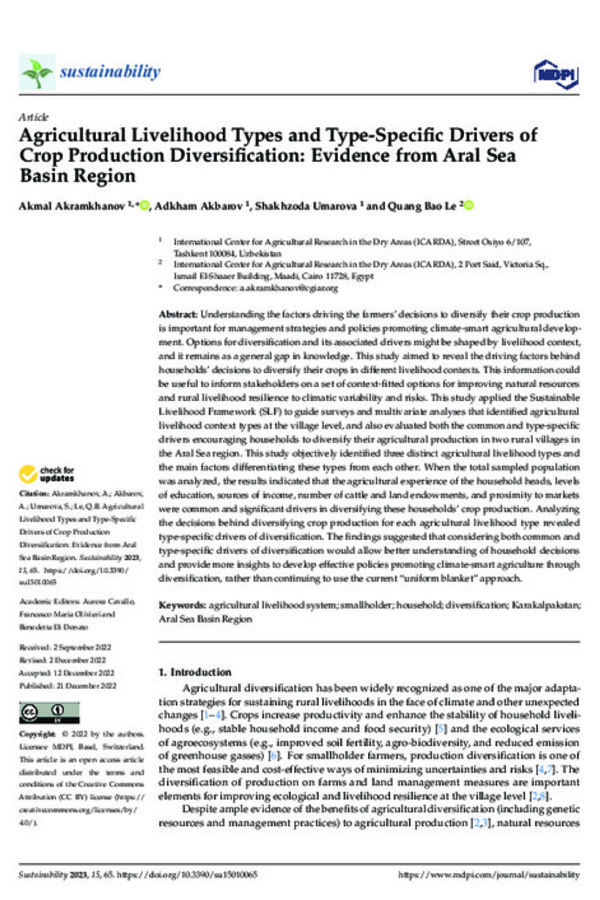 Agricultural Livelihood Types and Type-Specific Drivers of Crop Production Diversification: Evidence from Aral Sea Basin Region