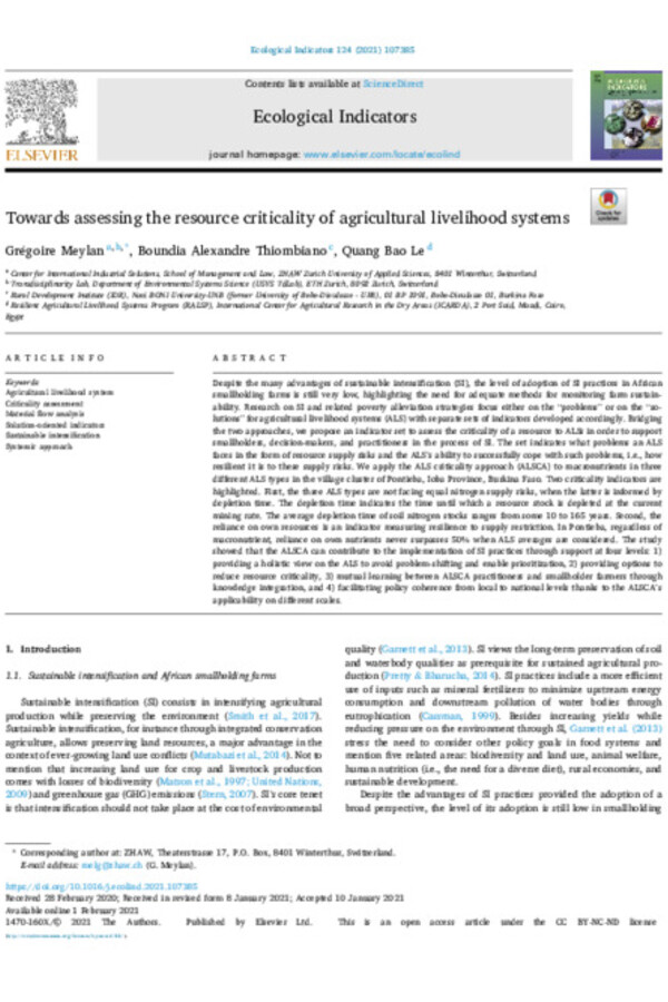 Towards assessing the resource criticality of agricultural livelihood systems