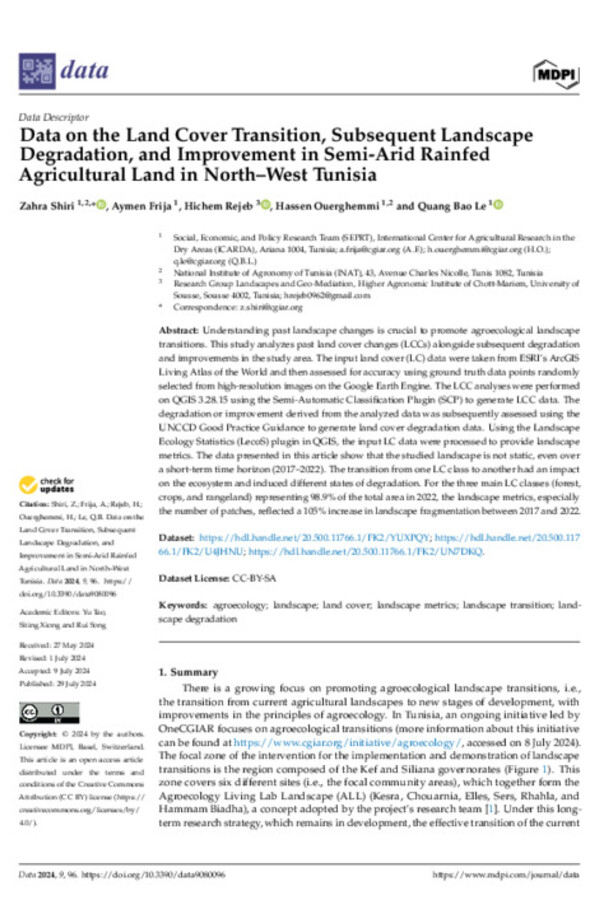 Data on the Land Cover Transition, Subsequent Landscape Degradation, and Improvement in Semi-Arid Rainfed Agricultural Land in North–West Tunisia