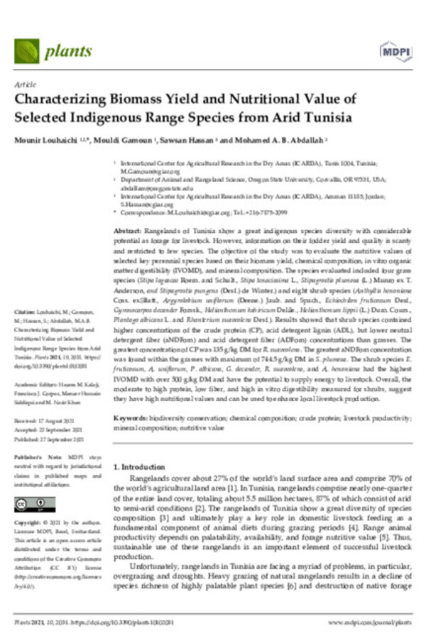 Characterizing biomass yield and nutritional value of selected indigenous range species from arid Tunisia Characterizing biomass yield and nutritional value of selected indigenous range species from arid Tunisia