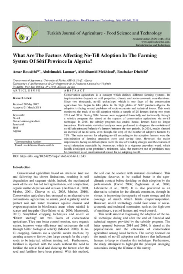 What Are The Factors Affecting No-Till Adoption In The Farming System Of Sétif Province In Algeria? What Are The Factors Affecting No-Till Adoption In The Farming System Of Sétif Province In Algeria?
