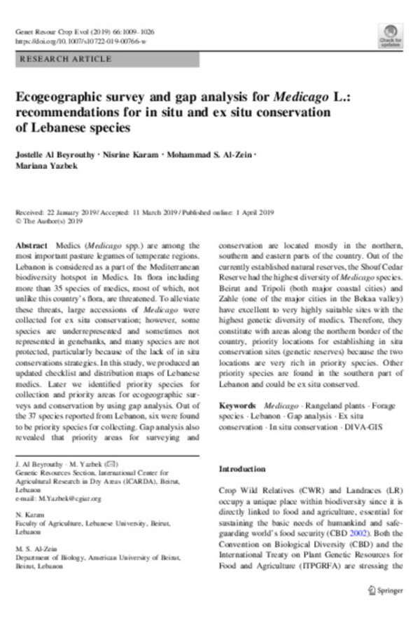 Ecogeographic survey and gap analysis for Medicago L.: recommendations for in situ and ex situ conservation of Lebanese species