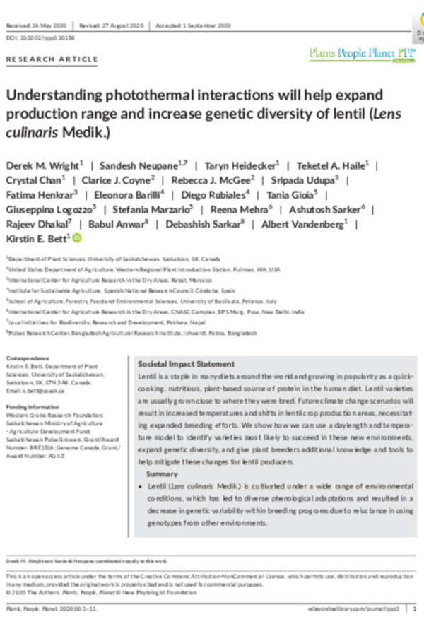 Understanding photothermal interactions will help expand production range and increase genetic diversity of lentil (Lens culinaris Medik.)
