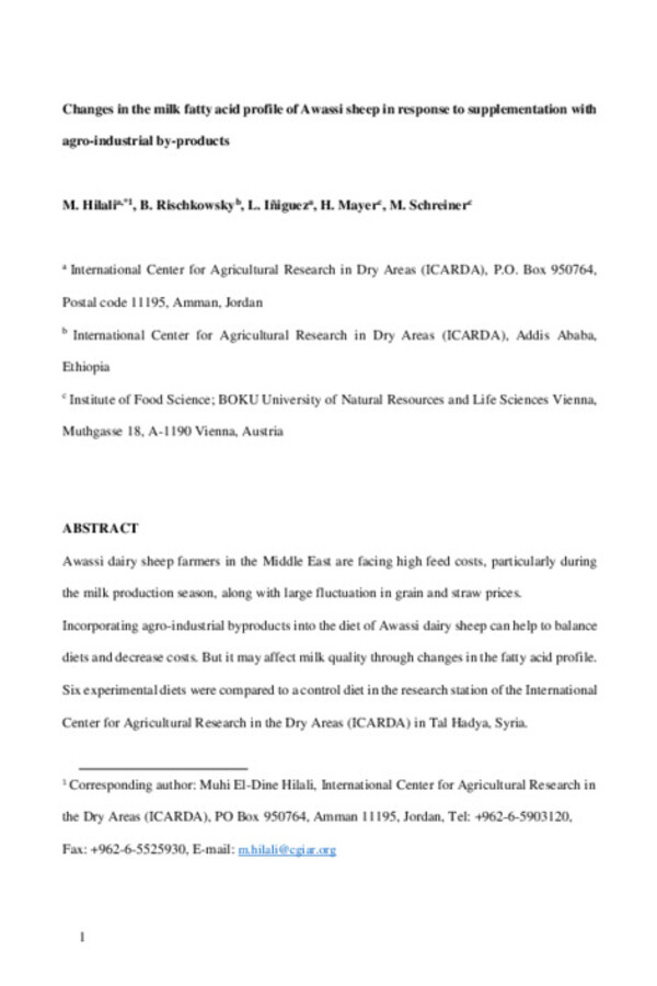 Changes in the milk fatty acid profile of Awassi sheep in response to supplementation with agro-industrial by-products