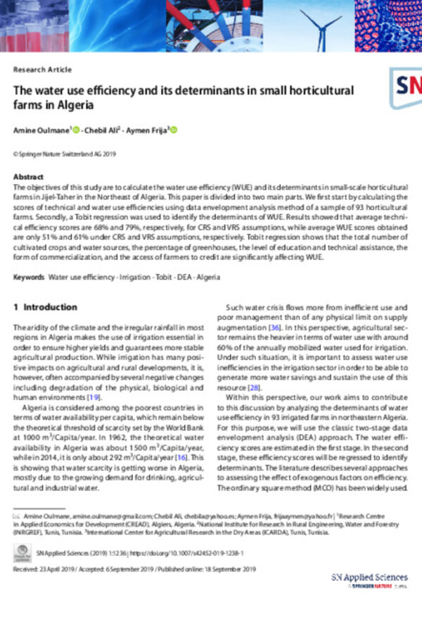 The water use efficiency and its determinants in small horticultural farms in Algeria The water use efficiency and its determinants in small horticultural farms in Algeria