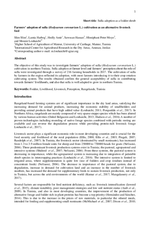 Farmers’ adoption of sulla (Hedysarum coronarium L.) cultivation as an alternative livestock feed Farmers’ adoption of sulla (Hedysarum coronarium L.) cultivation as an alternative livestock feed