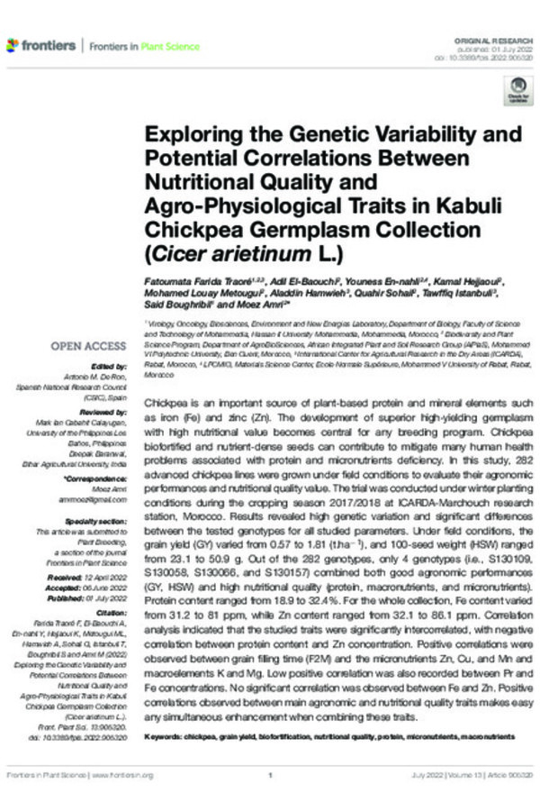 Exploring the Genetic Variability and Potential Correlations Between Nutritional Quality and Agro-Physiological Traits in Kabuli Chickpea Germplasm Collection (Cicer arietinum L.)