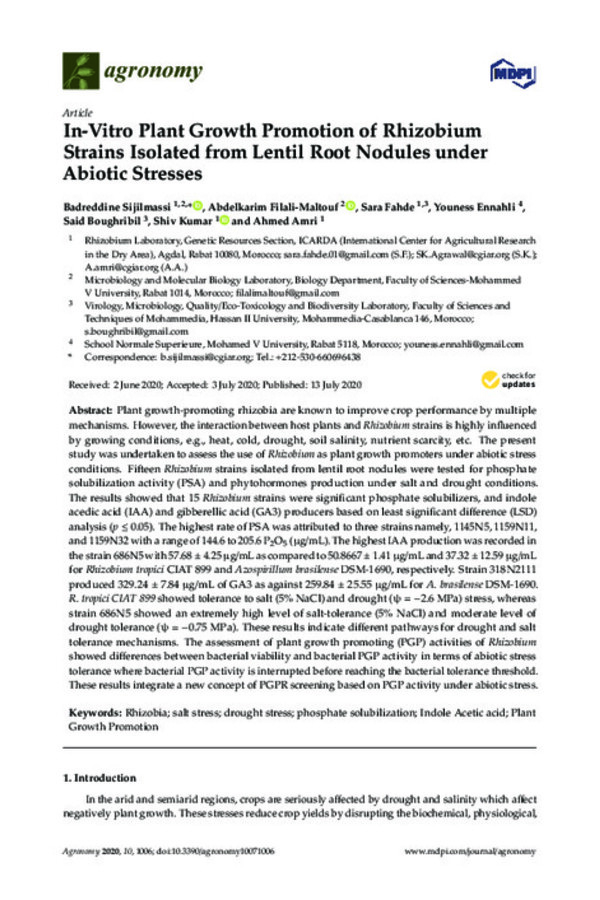 In-Vitro Plant Growth Promotion of Rhizobium Strains Isolated from Lentil Root Nodules under Abiotic Stresses In-Vitro Plant Growth Promotion of Rhizobium Strains Isolated from Lentil Root Nodules under Abiotic Stresses