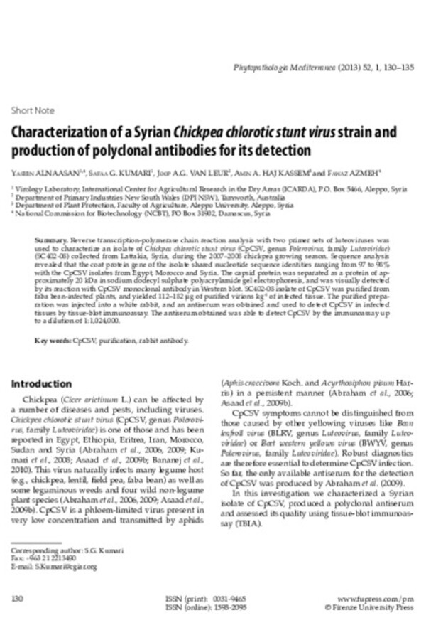Characterization of a Syrian Chickpea chlorotic stunt virus strain and production of polyclonal antibodies for its detection