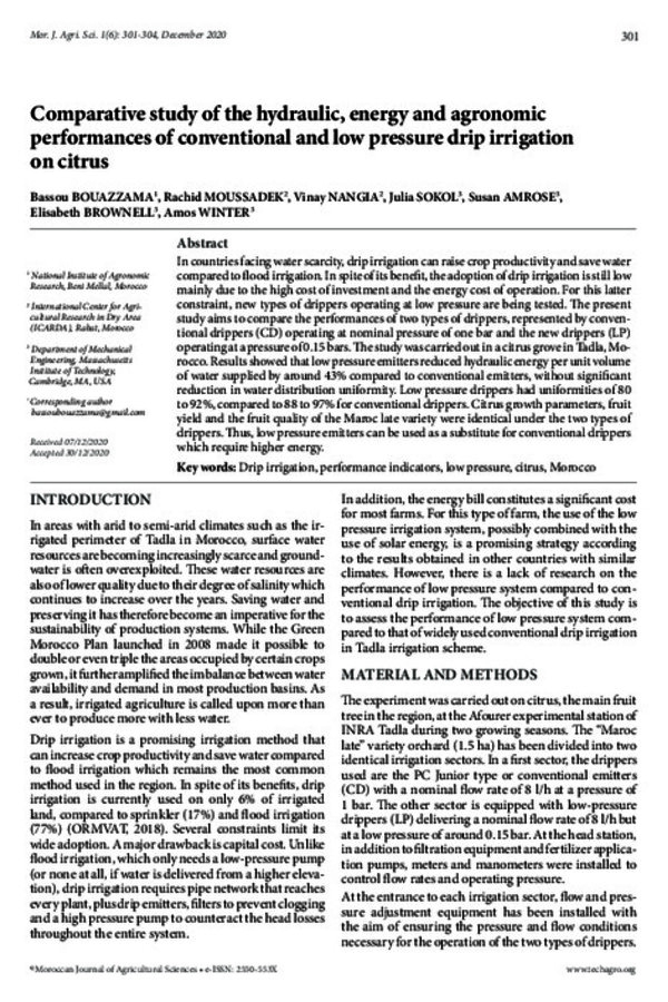 Comparative study of the hydraulic, energy and agronomic performances of conventional and low pressure drip irrigation on citrus Comparative study of the hydraulic, energy and agronomic performances of conventional and low pressure drip irrigation on citrus