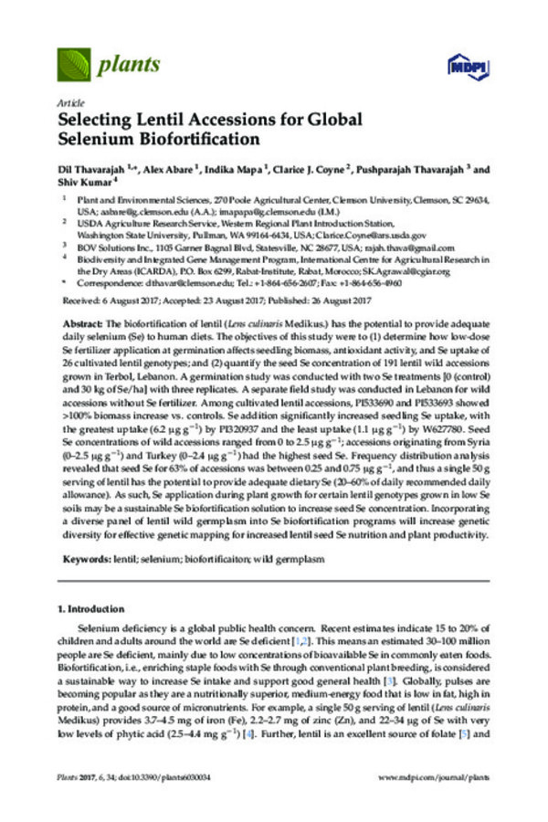 Selecting Lentil Accessions for Global Selenium Biofortification