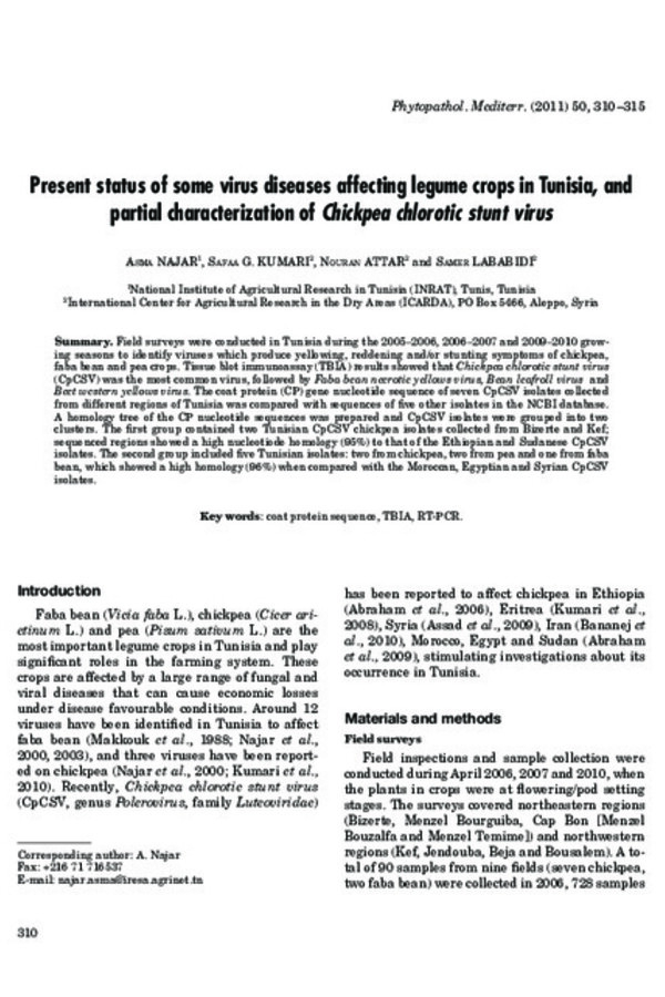 Present status of some virus diseases affecting legume crops in Tunisia, and partial characterization of Chickpea chlorotic stunt virus