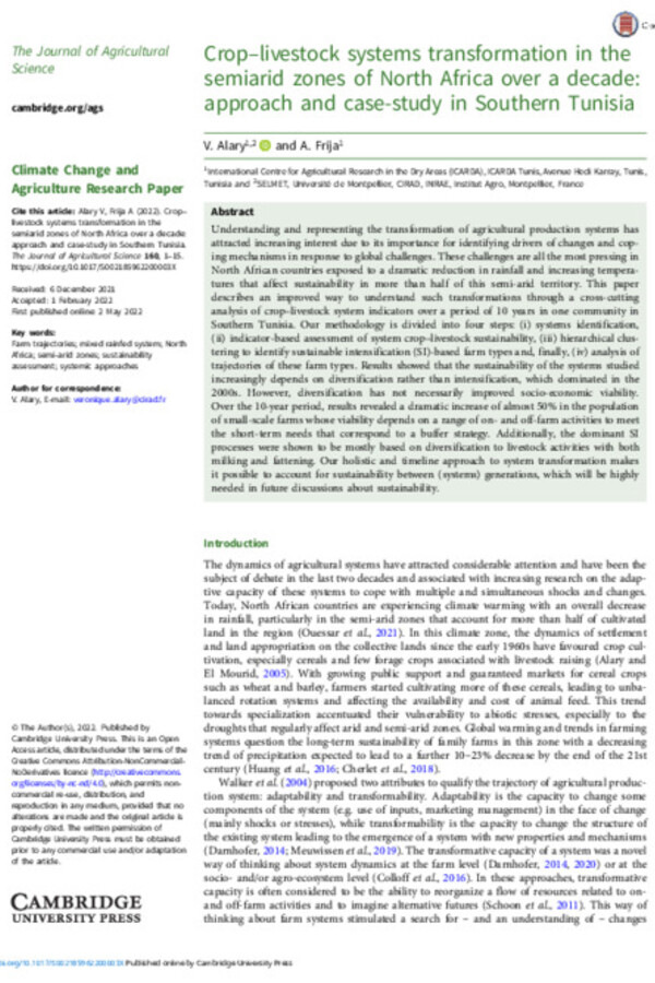 Crop–livestock systems transformation in the semiarid zones of North Africa over a decade: approach and case-study in Southern Tunisia