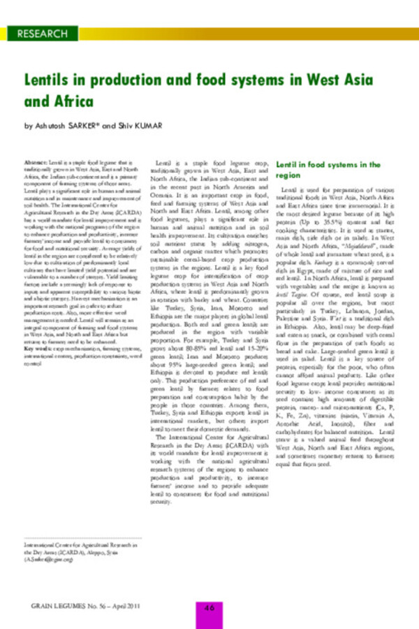 Lentils in production and food systems in West Asia and Africa