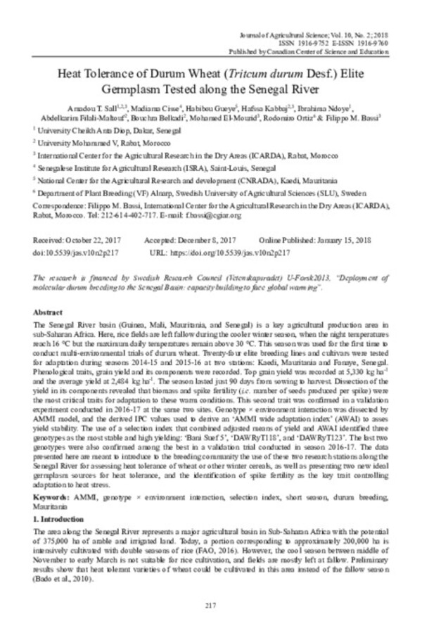 Heat Tolerance of Durum Wheat (Tritcum durum Desf.) Elite Germplasm Tested along the Senegal River Heat Tolerance of Durum Wheat (Tritcum durum Desf.) Elite Germplasm Tested along the Senegal River