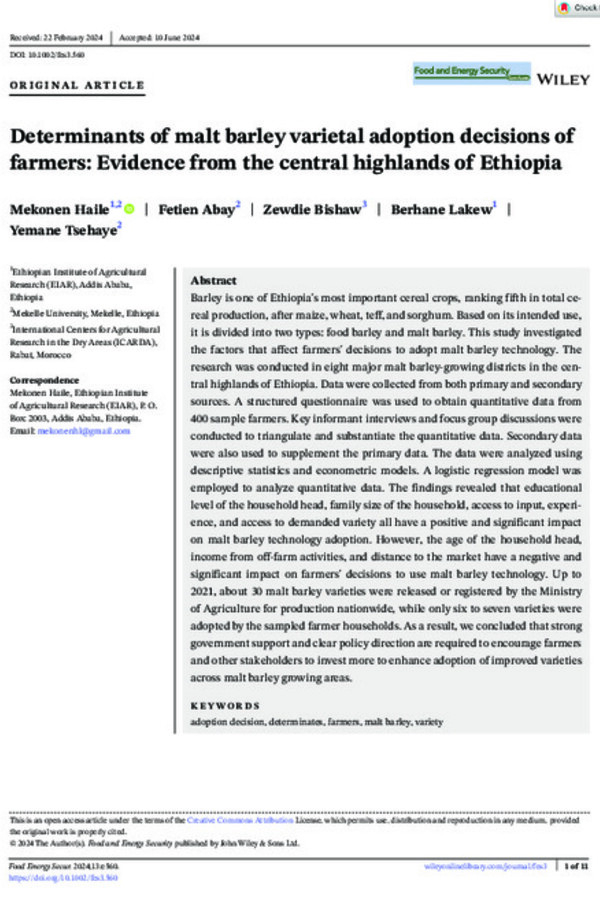 Determinants of malt barley varietal adoption decisions of farmers: Evidence from the central highlands of Ethiopia Determinants of malt barley varietal adoption decisions of farmers: Evidence from the central highlands of Ethiopia
