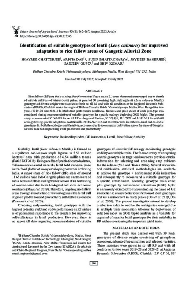 Identification of suitable genotypes of lentil (Lens culinaris) for improved adaptation to rice fallow areas of Gangetic Alluvial Zone