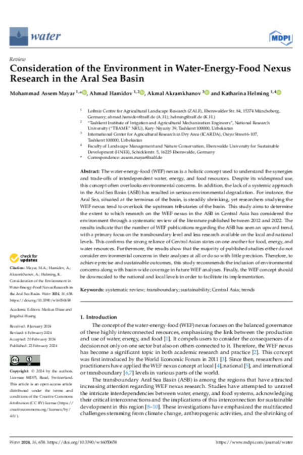 Consideration of the Environment in Water-Energy-Food Nexus Research in the Aral Sea Basin