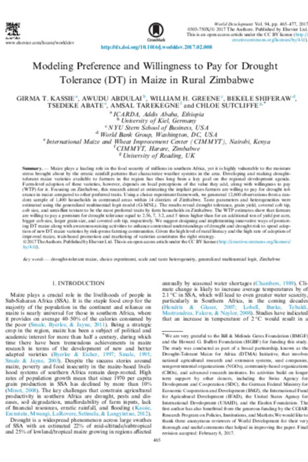 Modeling Preference and Willingness to Pay for Drought Tolerance (DT) in Maize in Rural Zimbabwe Modeling Preference and Willingness to Pay for Drought Tolerance (DT) in Maize in Rural Zimbabwe