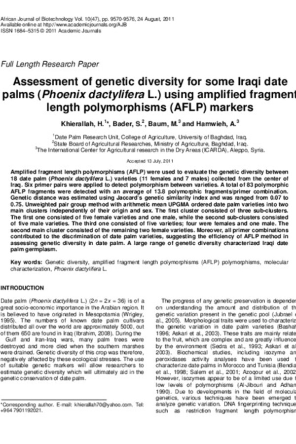 Assessment of genetic diversity for some Iraqi date palms (Phoenix dactylifera L.) using amplified fragment length polymorphisms (AFLP) markers