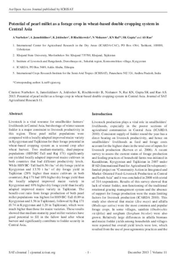 Potential of pearl millet as a forage crop in wheat-based double cropping system in Central Asia