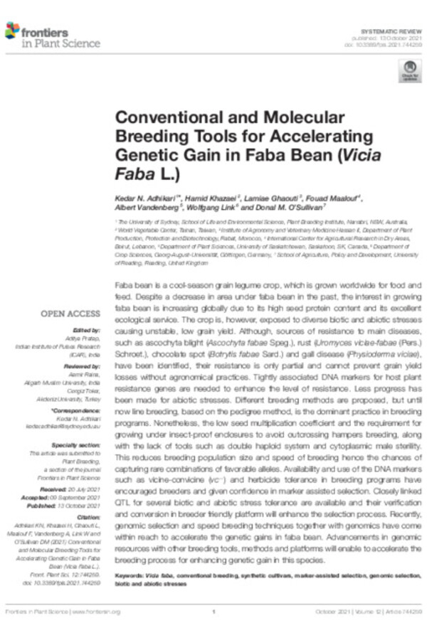 Conventional and Molecular Breeding Tools for Accelerating Genetic Gain in Faba Bean (Vicia Faba L.) Conventional and Molecular Breeding Tools for Accelerating Genetic Gain in Faba Bean (Vicia Faba L.)
