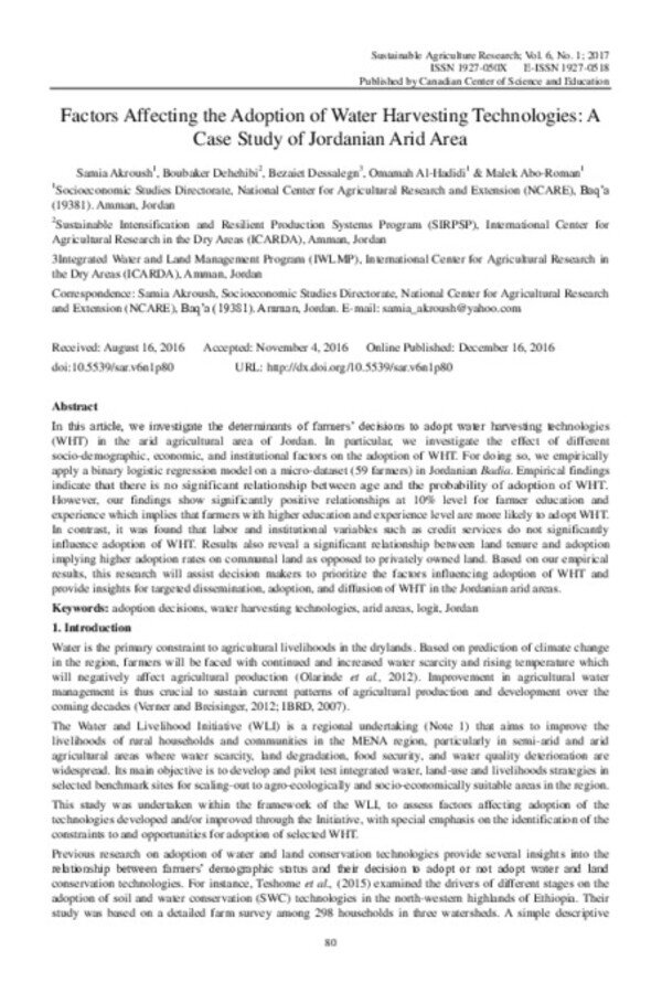 Factors Affecting the Adoption of Water Harvesting Technologies: A Case Study of Jordanian Arid Area