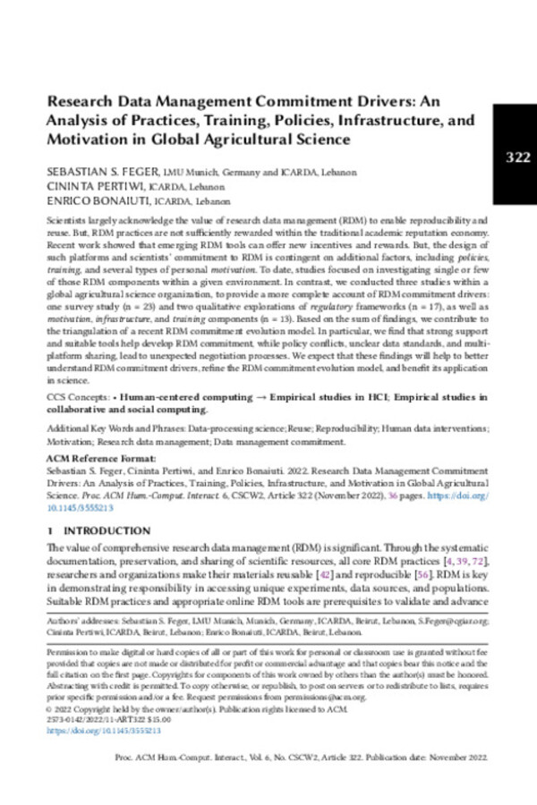 Research Data Management Commitment Drivers: An Analysis of Practices, Training, Policies, Infrastructure, and Motivation in Global Agricultural Science