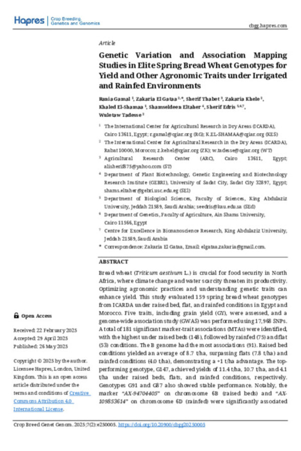 Genetic Variation and Association Mapping Studies in Elite Spring Bread Wheat Genotypes for Yield and Other Agronomic Traits under Irrigated and Rainfed Environments