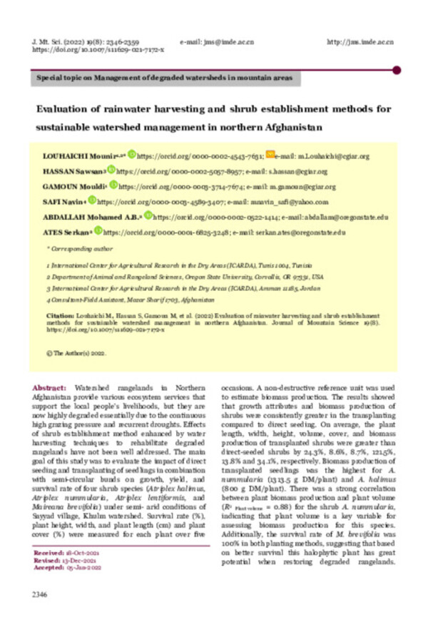 Evaluation of rainwater harvesting and shrub establishment methods for  sustainable watershed management in northern Afghanistan 