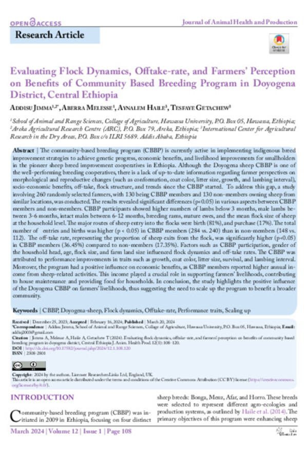 Evaluating Flock Dynamics, Offtake-rate, and Farmers’ Perception on Benefits of Community Based Breeding Program in Doyogena District, Central Ethiopia