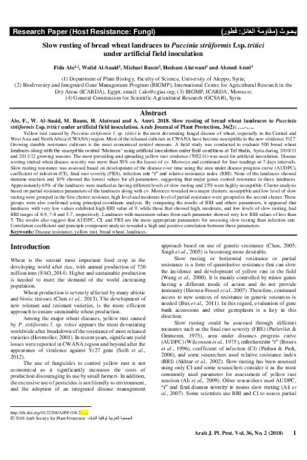 Slow rusting of bread wheat landraces to Puccinia striiformis f.sp. tritici under artificial field inoculation Slow rusting of bread wheat landraces to Puccinia striiformis f.sp. tritici under artificial field inoculation