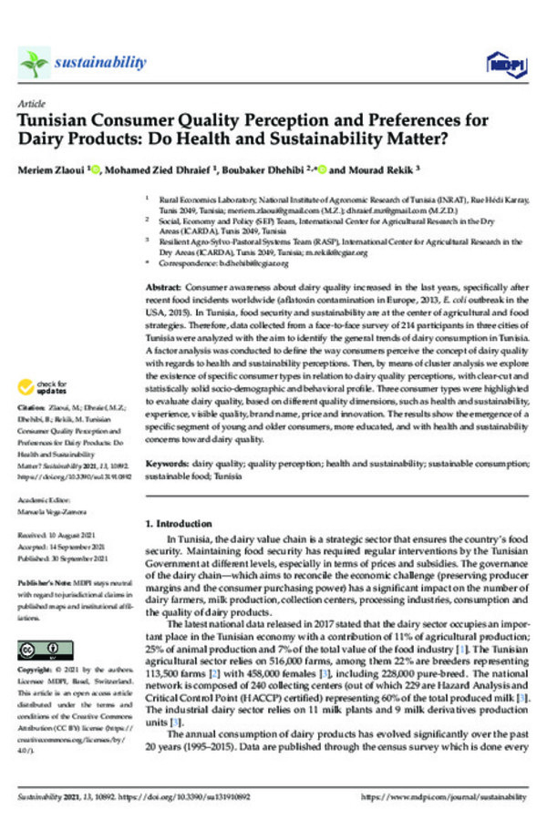 Tunisian Consumer Quality Perception and Preferences for Dairy Products: Do Health and Sustainability Matter?