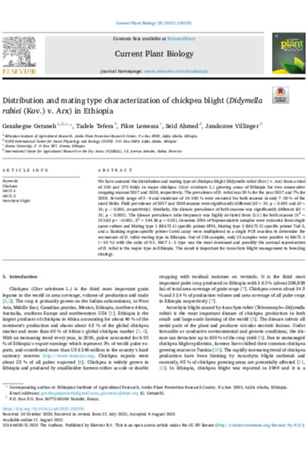 Distribution and mating type characterization of chickpea blight (Didymella rabiei (Kov.) v. Arx) in Ethiopia Distribution and mating type characterization of chickpea blight (Didymella rabiei (Kov.) v. Arx) in Ethiopia